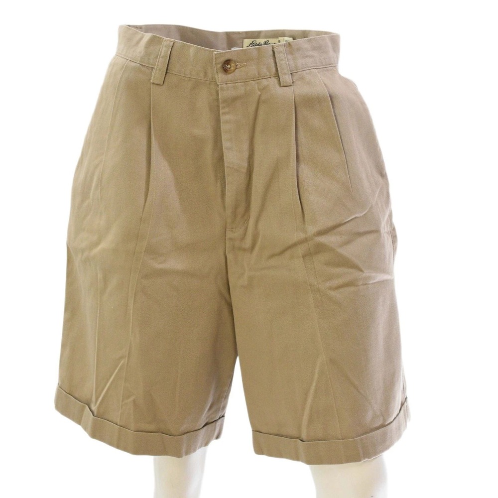 90s Eddie Bauer Minimalist Safari Shorts High Waist Tan Cotton Pleated Sz 10